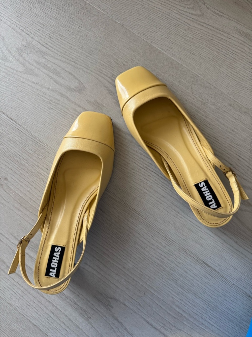 ALOHAS Yellow Square-Toe Slingback Block Heels